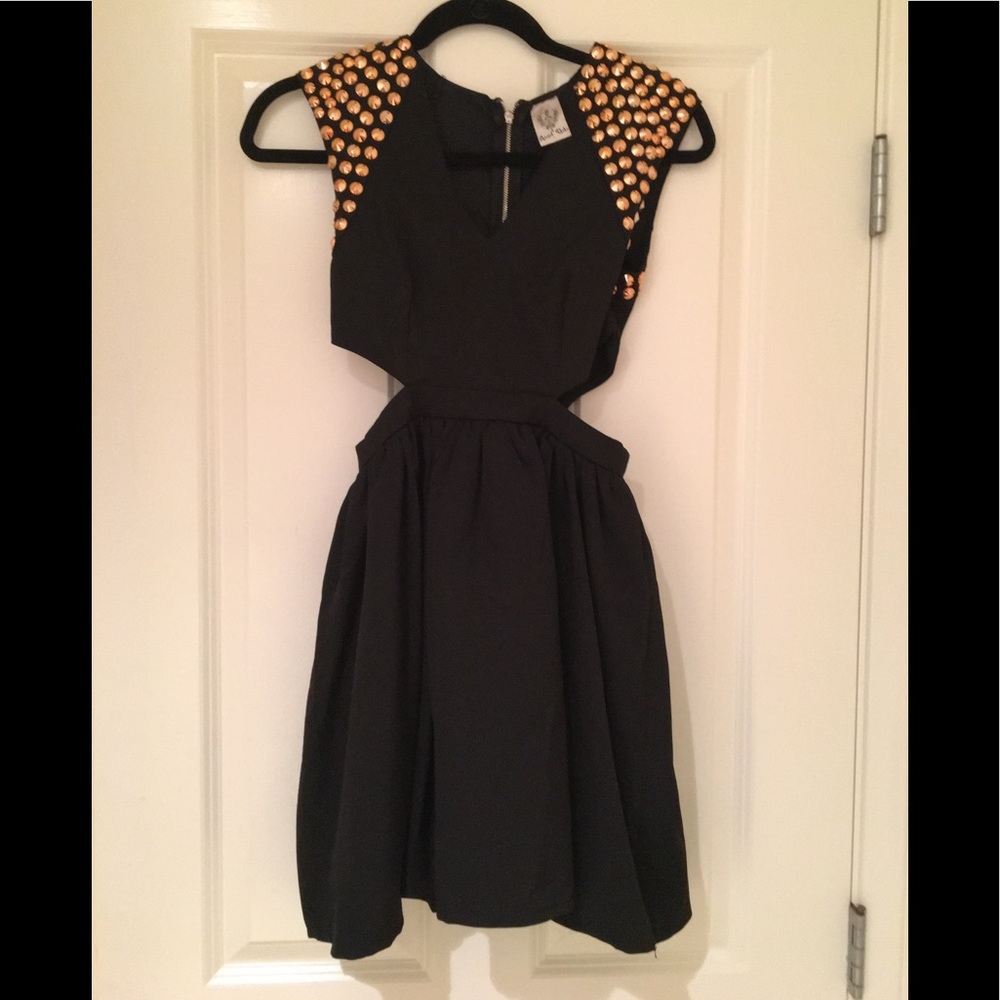Mini Black Skater Dress with Gold Stud Detailing